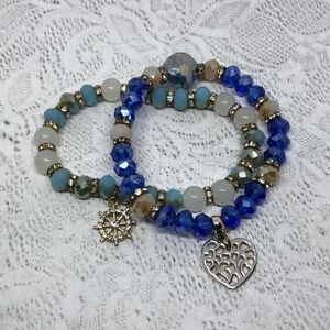Bundle lot 2 crystal stretch charm bracelets nautical and heart charms